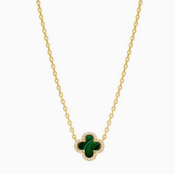 X Jewelry - Pave Outlined Four Leaf Clover Malachite Necklace S925 NWT